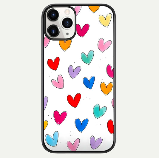 Playful Love Doodles iPhone 11 Pro glass phone case front view featuring cute love doodle illustrations with fun vibe