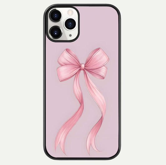 Soft Blush Bow iPhone 11 Pro glass phone case front view showcasing soft blush tones with elegant bow design