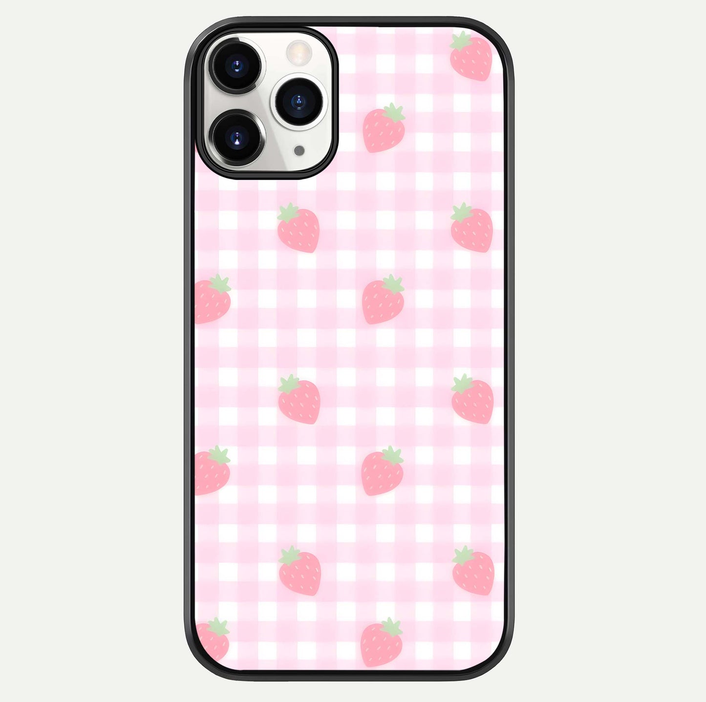 Strawberry Picnic Love iPhone 11 Pro glass phone case front view featuring cute strawberry picnic artwork with romantic vibe