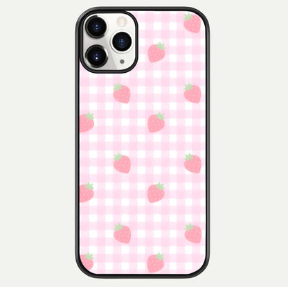 Strawberry Picnic Love iPhone 11 Pro glass phone case front view featuring cute strawberry picnic artwork with romantic vibe