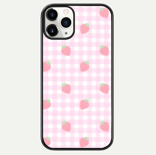 Strawberry Picnic Love iPhone 11 Pro glass phone case front view featuring cute strawberry picnic artwork with romantic vibe