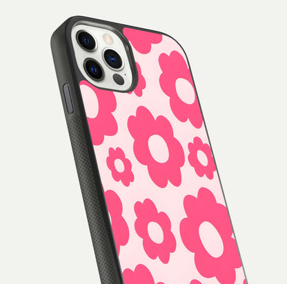 Blush Flower Pop iPhone 11 Pro glass phone case angled back view highlighting bright floral pop design and side grip texture