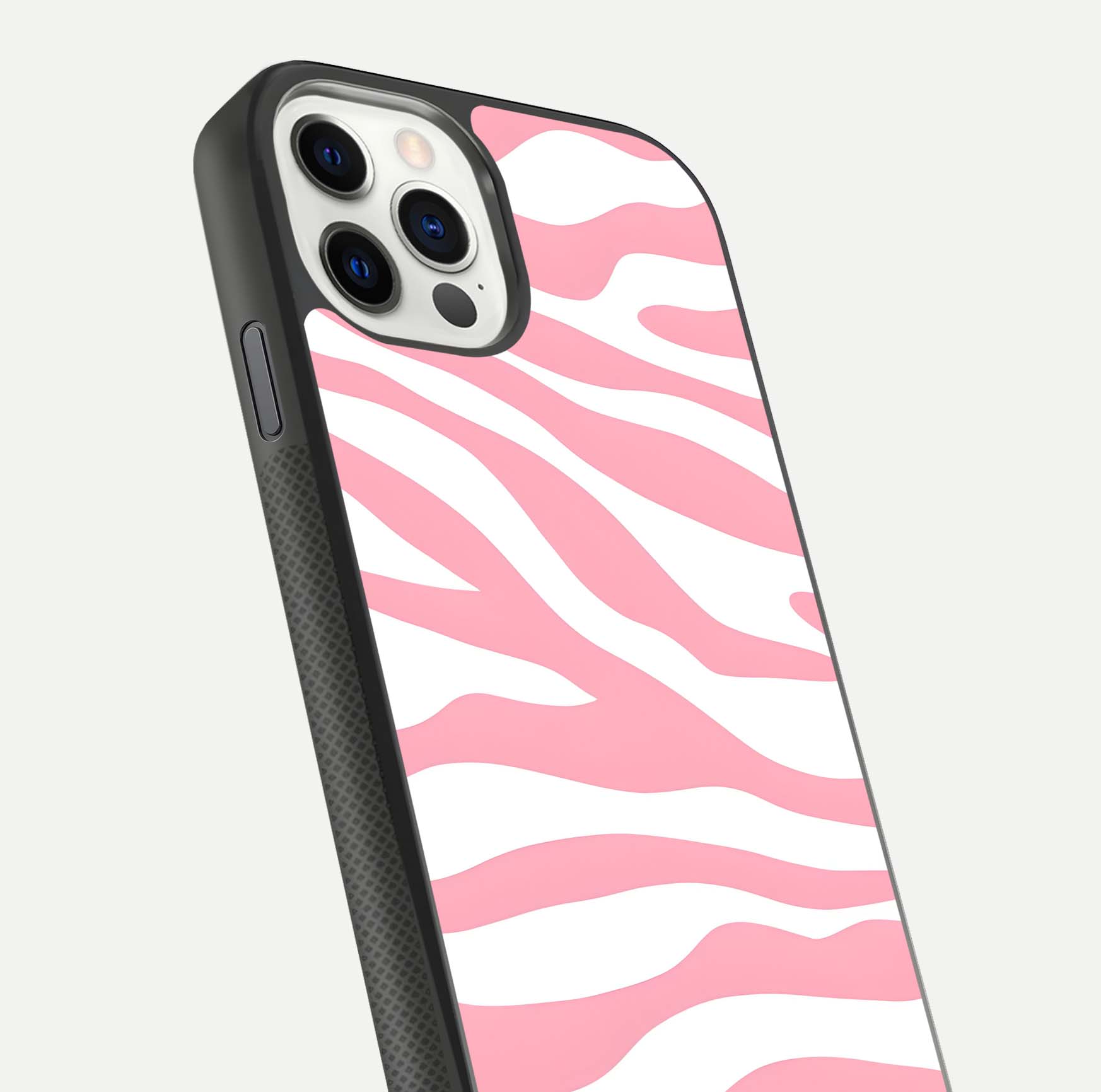Blush Zebra Flow iPhone 11 Pro glass phone case angled back view highlighting bold zebra artwork and textured side grip