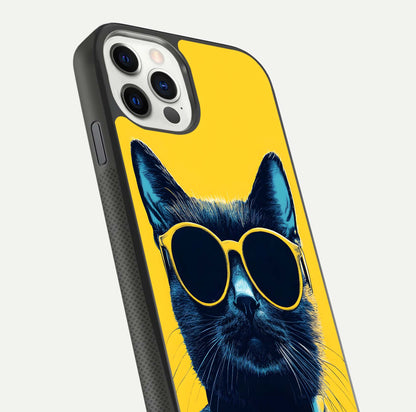 Cool Cat Vibes iPhone 11 Pro glass phone case angled back view highlighting cat artwork and textured side grip