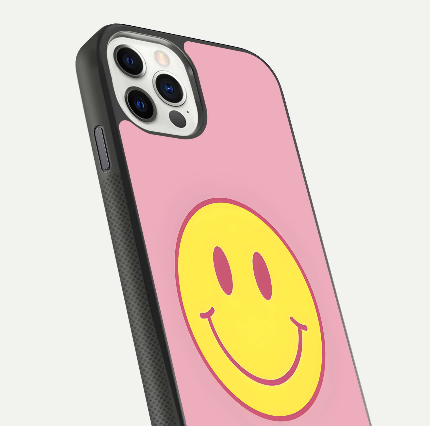 Happy Pink Mood iPhone 11 Pro glass phone case angled back view highlighting bright pink artwork and side grip texture