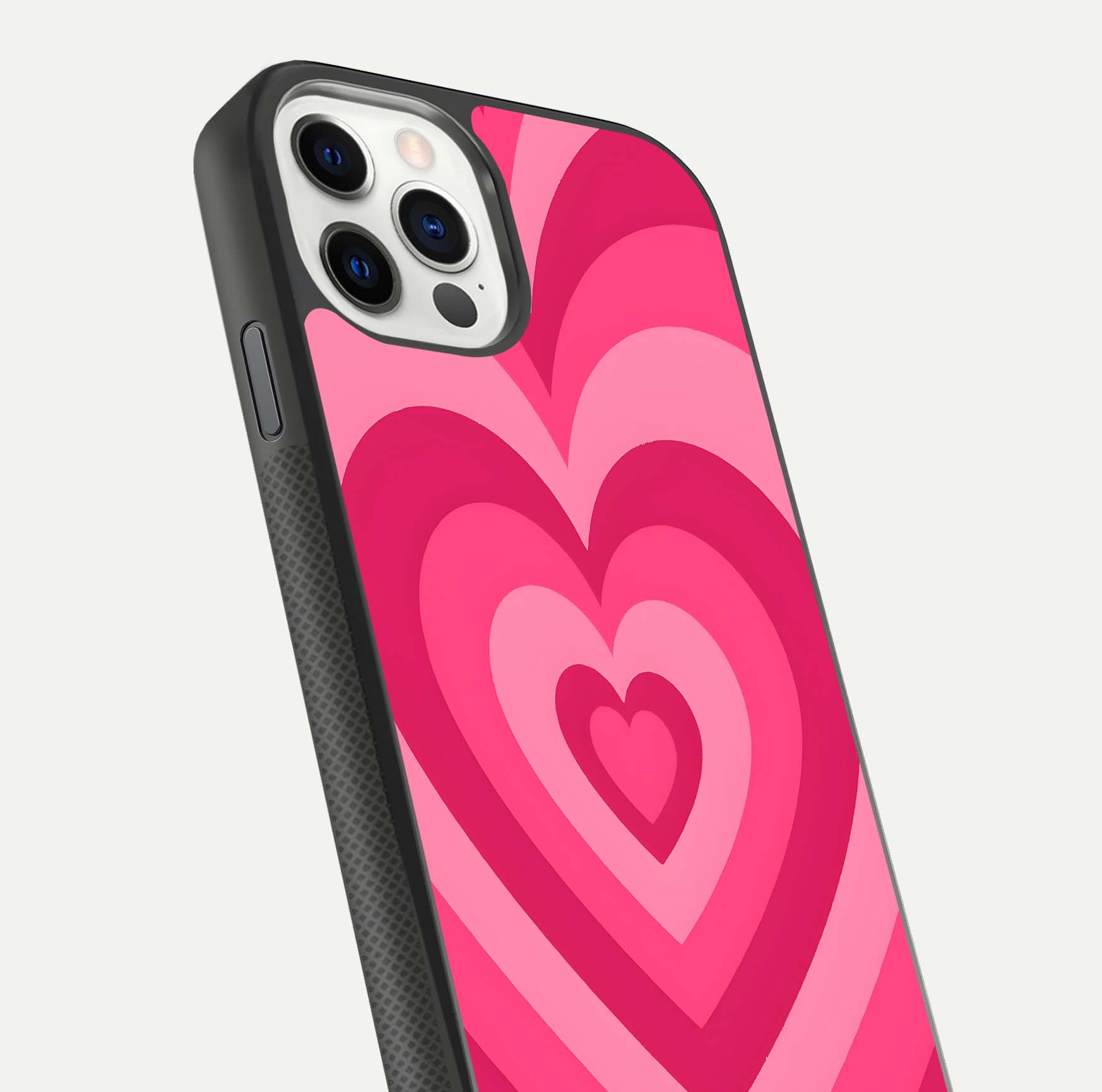 Layered Love Hearts iPhone 11 Pro glass phone case angled back view highlighting heart artwork and textured grip edges