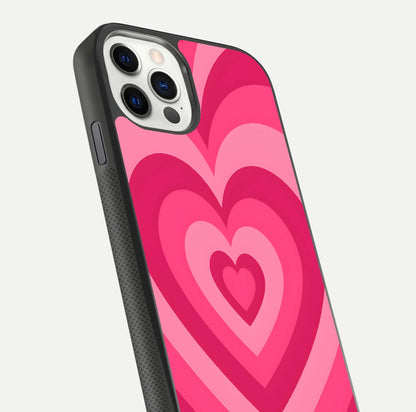 Layered Love Hearts iPhone 11 Pro glass phone case angled back view highlighting heart artwork and textured grip edges