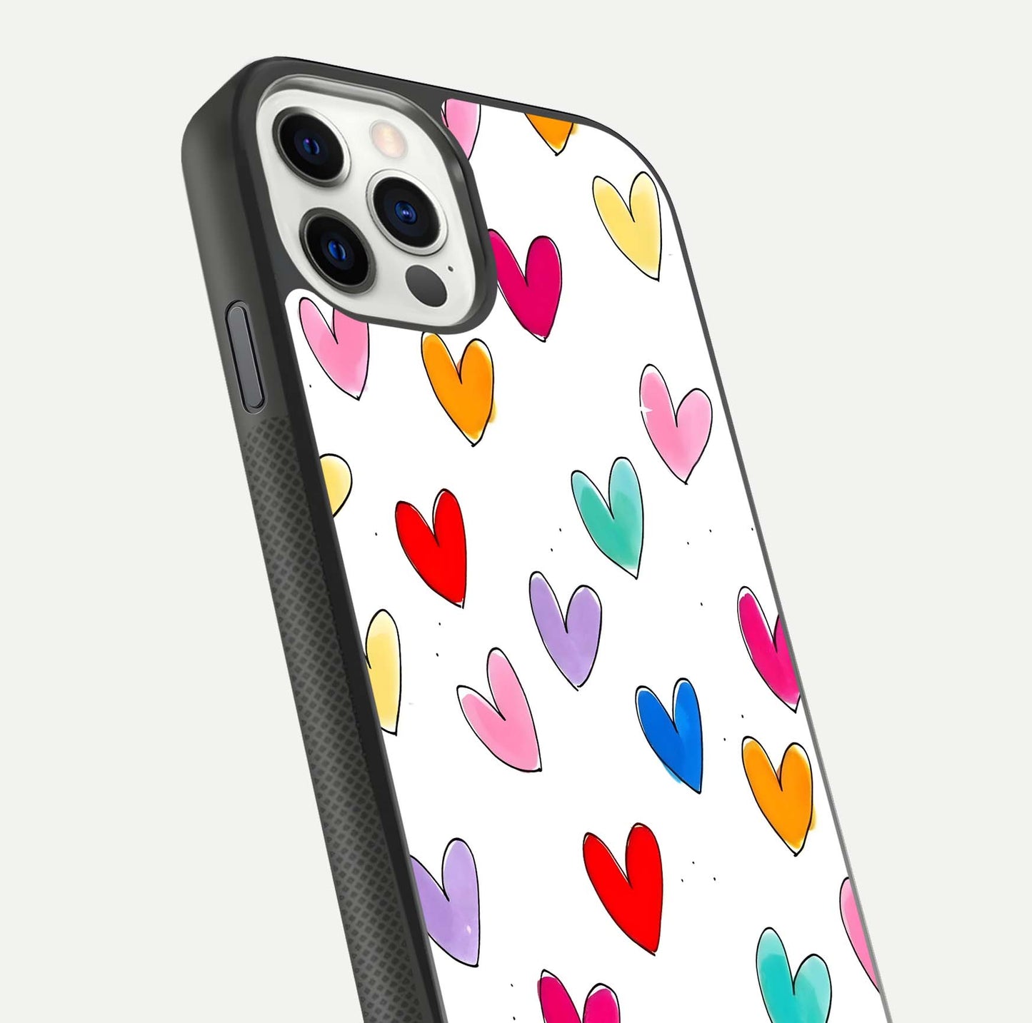 Playful Love Doodles iPhone 11 Pro glass phone case angled back view highlighting doodle artwork and textured grip edges