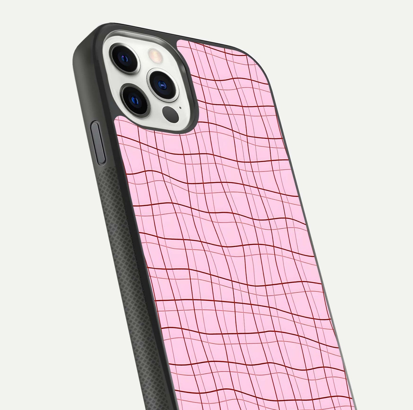 Soft Grid Bliss iPhone 11 Pro glass phone case angled back view highlighting grid artwork and side grip texture