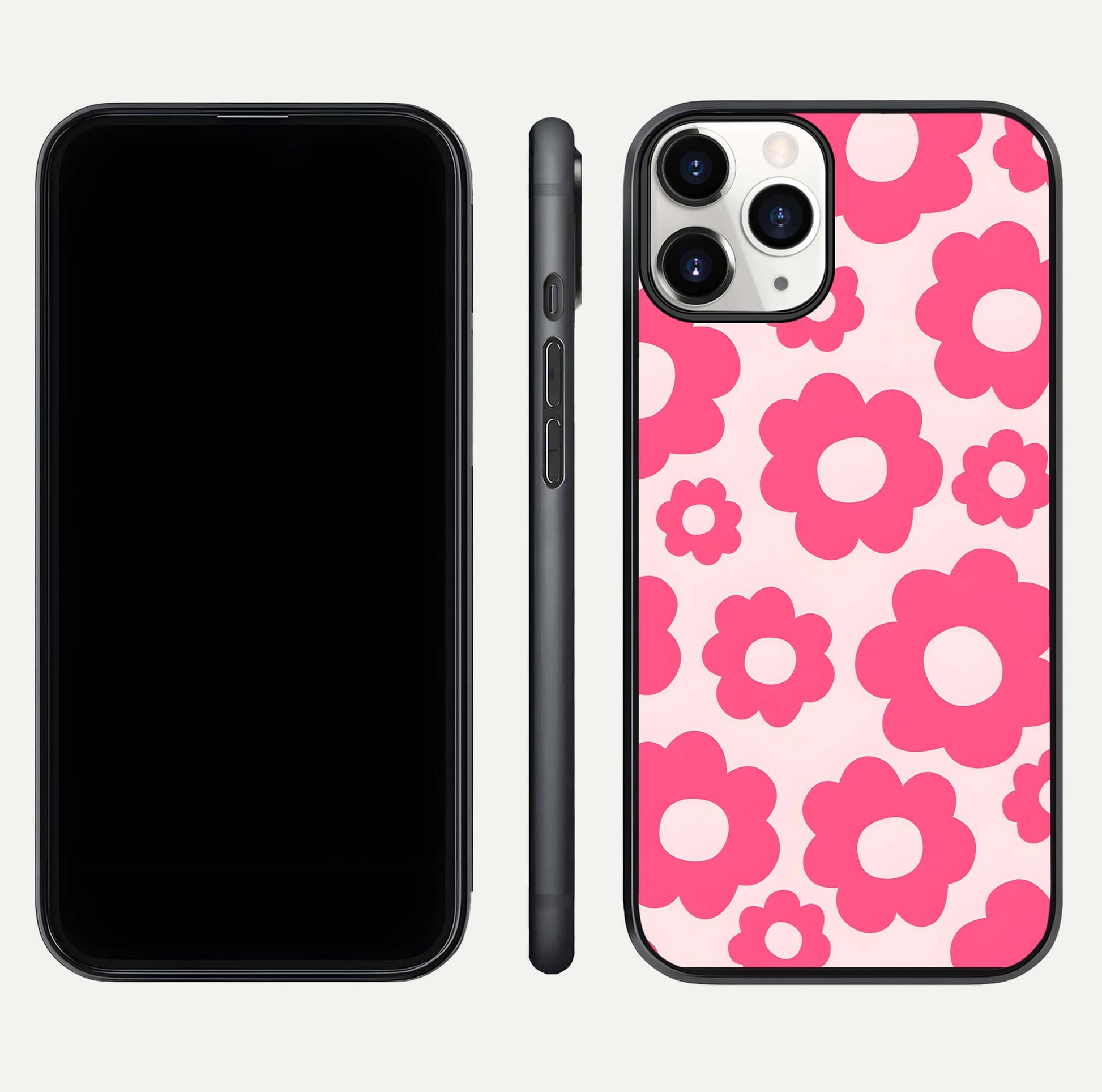 Blush Flower Pop iPhone 11 Pro glass phone case front and side layout view showing slim profile and full floral coverage