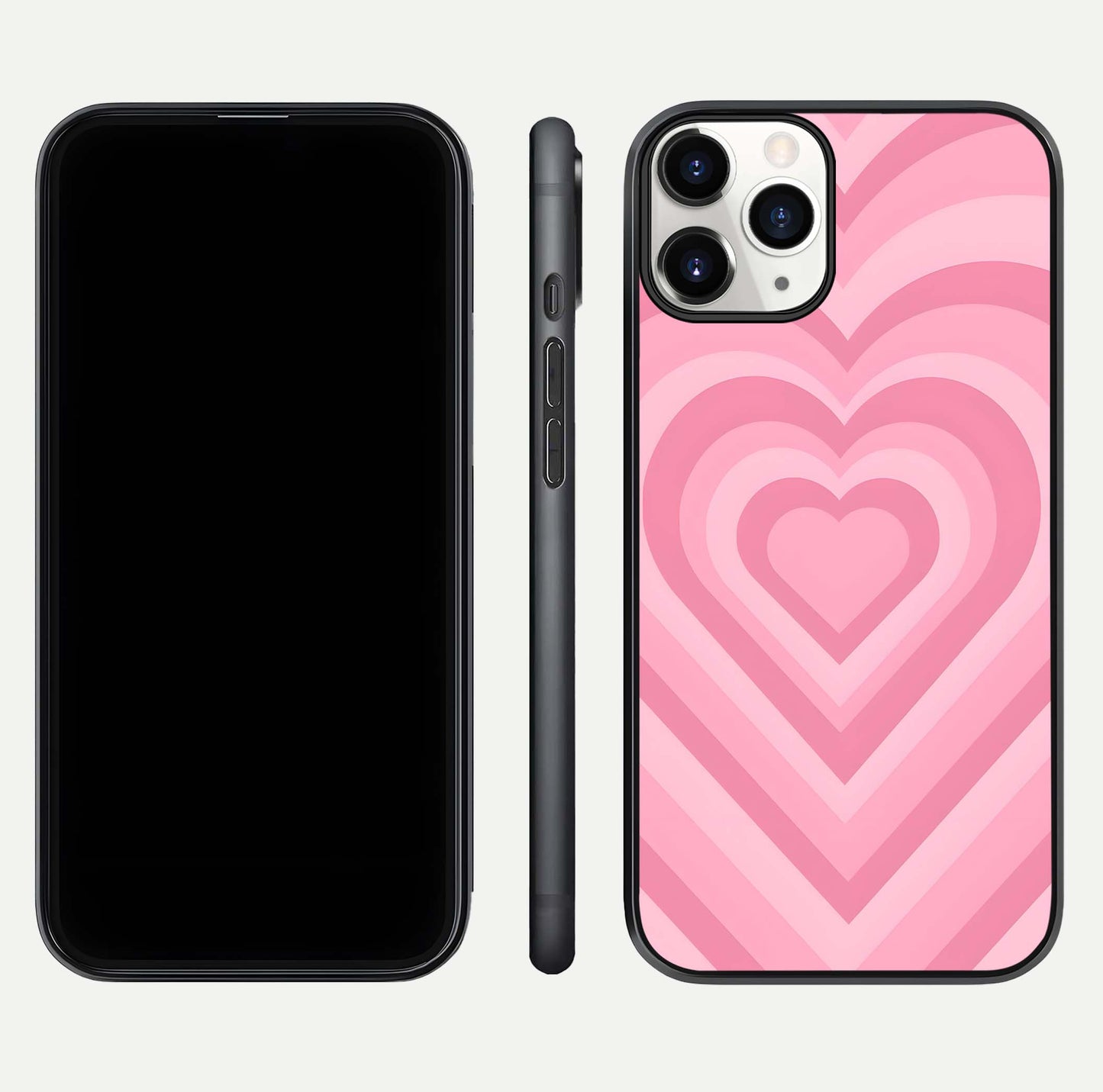 Blush Heart Waves iPhone 11 Pro glass phone case front and side layout view displaying slim frame and full heart pattern