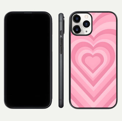 Blush Heart Waves iPhone 11 Pro glass phone case front and side layout view displaying slim frame and full heart pattern
