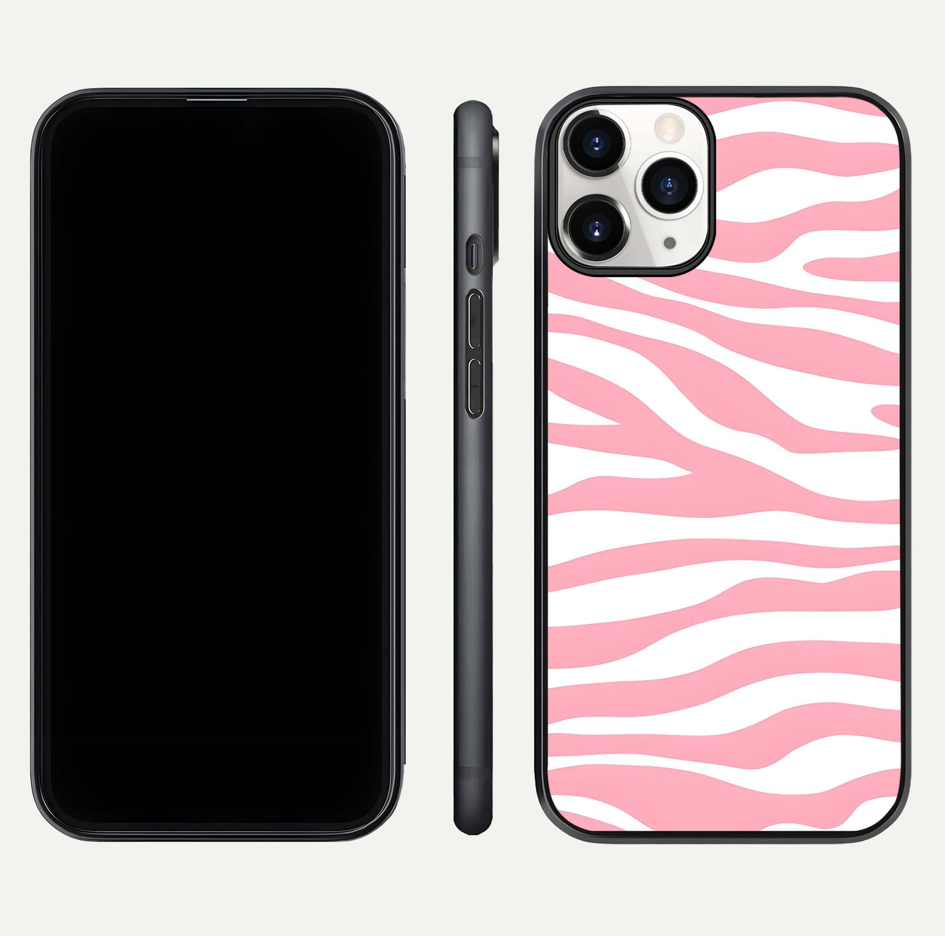 Blush Zebra Flow iPhone 11 Pro glass phone case front and side layout view showing slim build and flowing pattern coverage