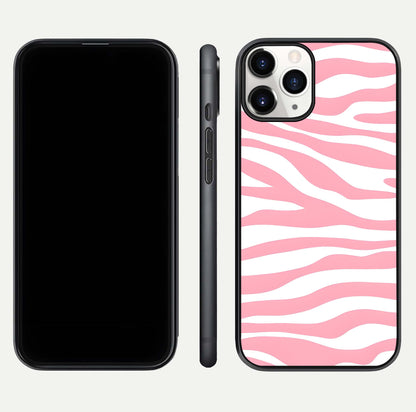 Blush Zebra Flow iPhone 11 Pro glass phone case front and side layout view showing slim build and flowing pattern coverage