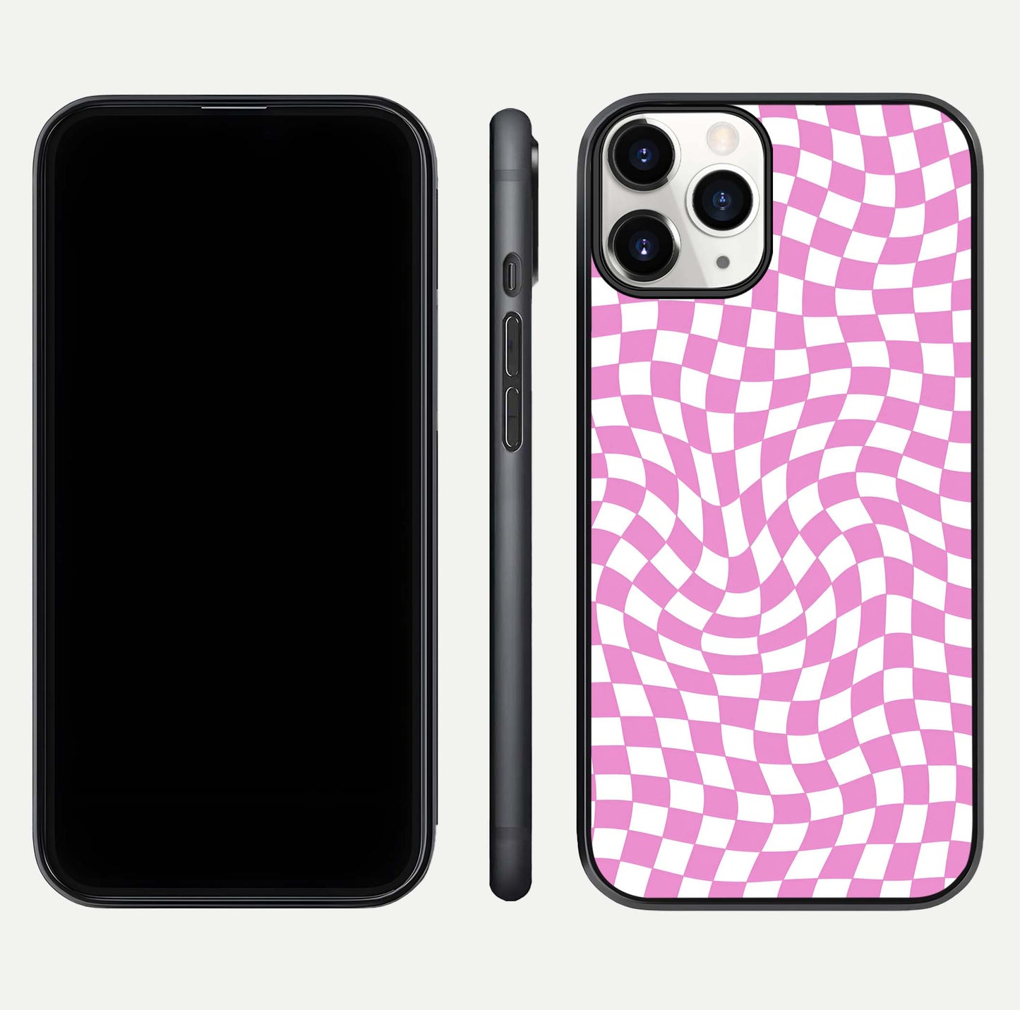 Bubblegum Check Wave iPhone 11 Pro glass phone case front and side layout view displaying slim profile and full pattern coverage