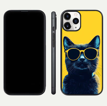 Cool Cat Vibes iPhone 11 Pro glass phone case front and side layout view showing slim frame and full design coverage