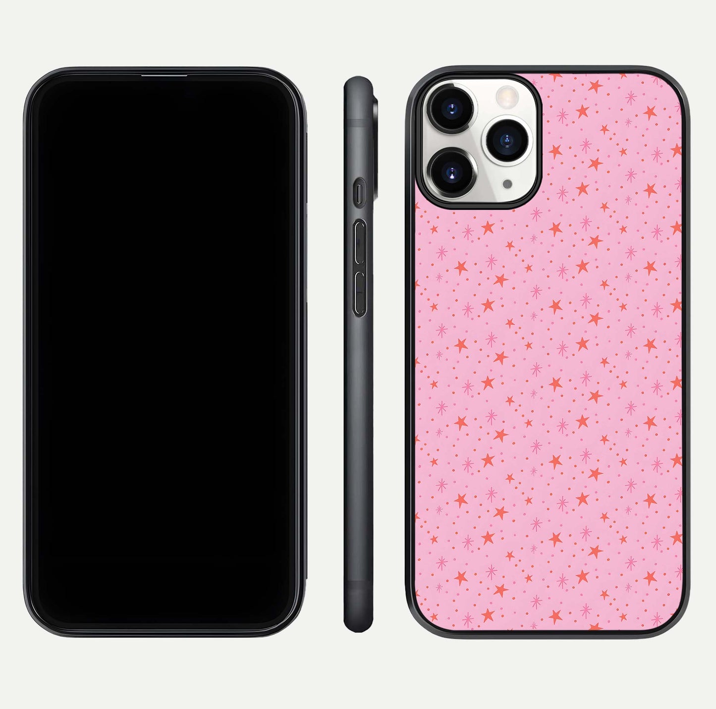 Cosmic Pink Sparkle iPhone 11 Pro glass phone case front and side layout view displaying slim profile and full cosmic coverage