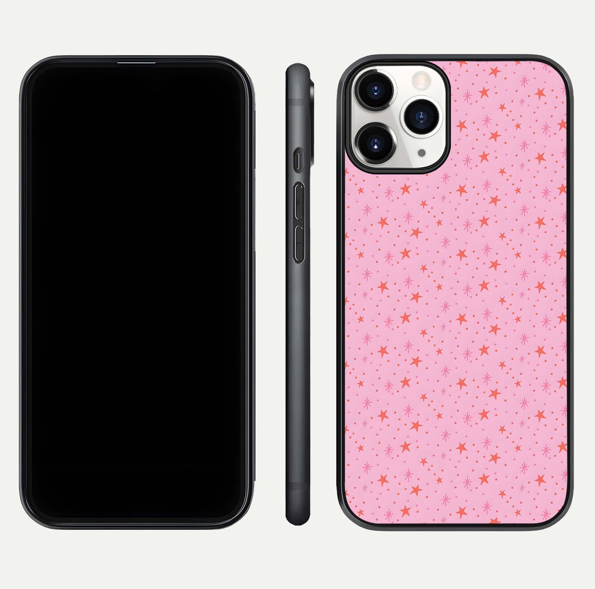 Cosmic Pink Sparkle iPhone 11 Pro glass phone case front and side layout view displaying slim profile and full cosmic coverage