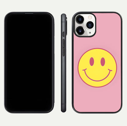 Happy Pink Mood iPhone 11 Pro glass phone case front and side layout view showing slim build and full pink coverage