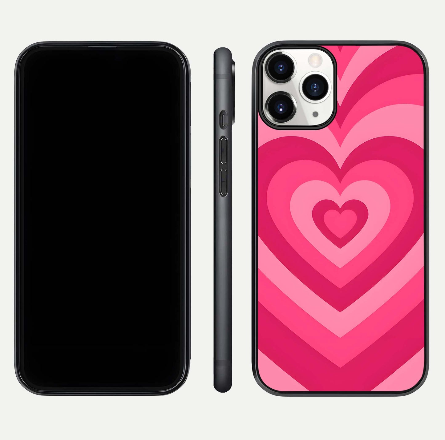Layered Love Hearts iPhone 11 Pro glass phone case front and side layout view displaying slim profile and full heart design