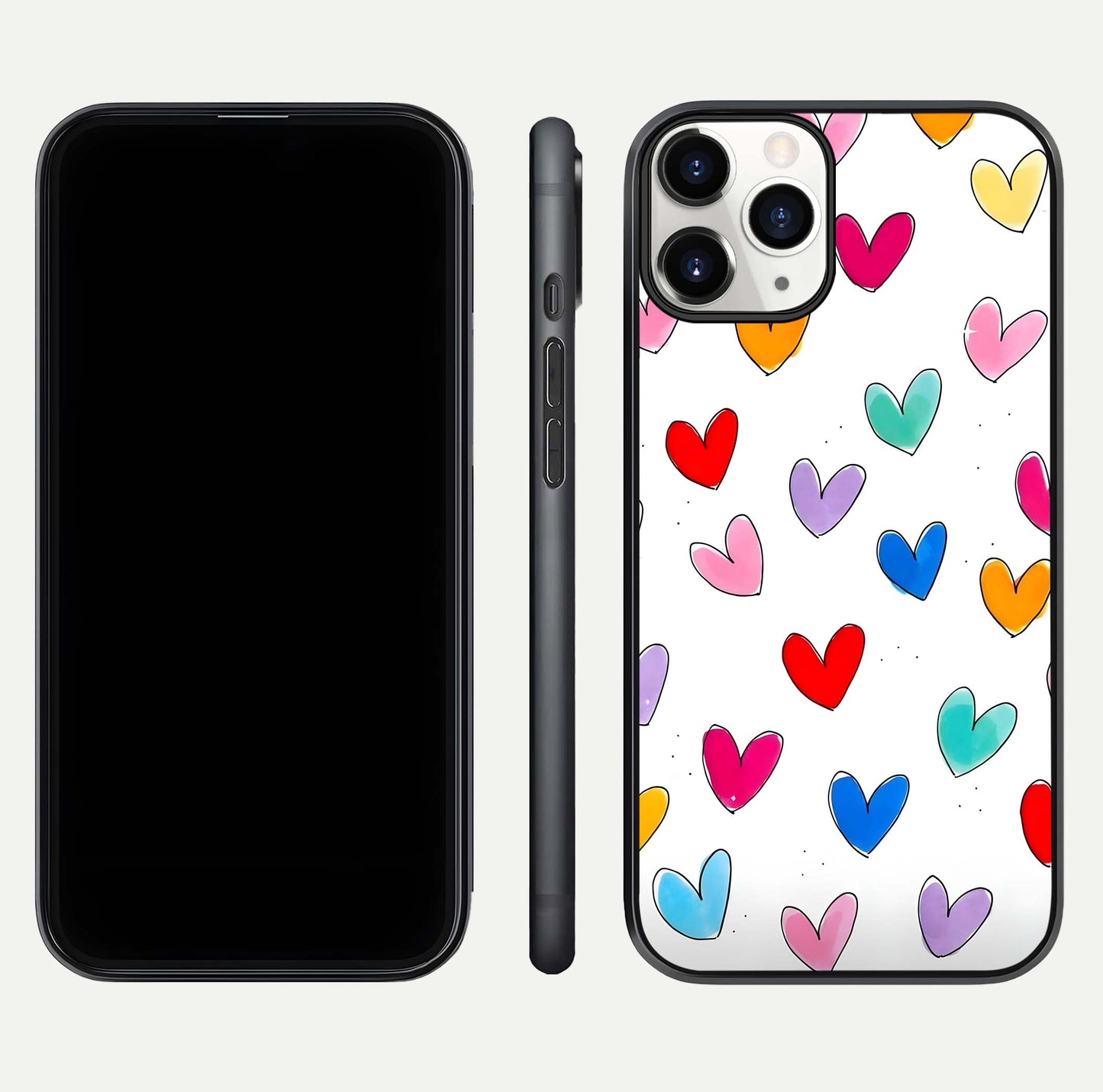 Playful Love Doodles iPhone 11 Pro glass phone case front and side layout view showing slim build and full doodle coverage