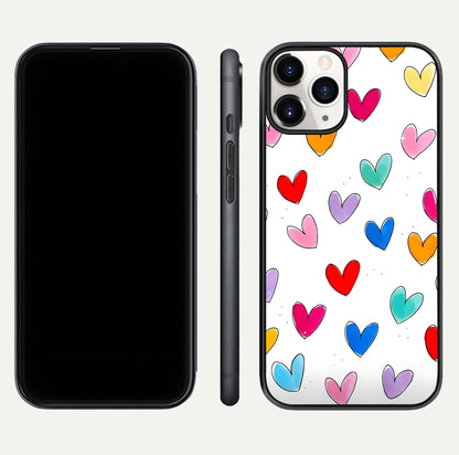 Playful Love Doodles iPhone 11 Pro glass phone case front and side layout view showing slim build and full doodle coverage