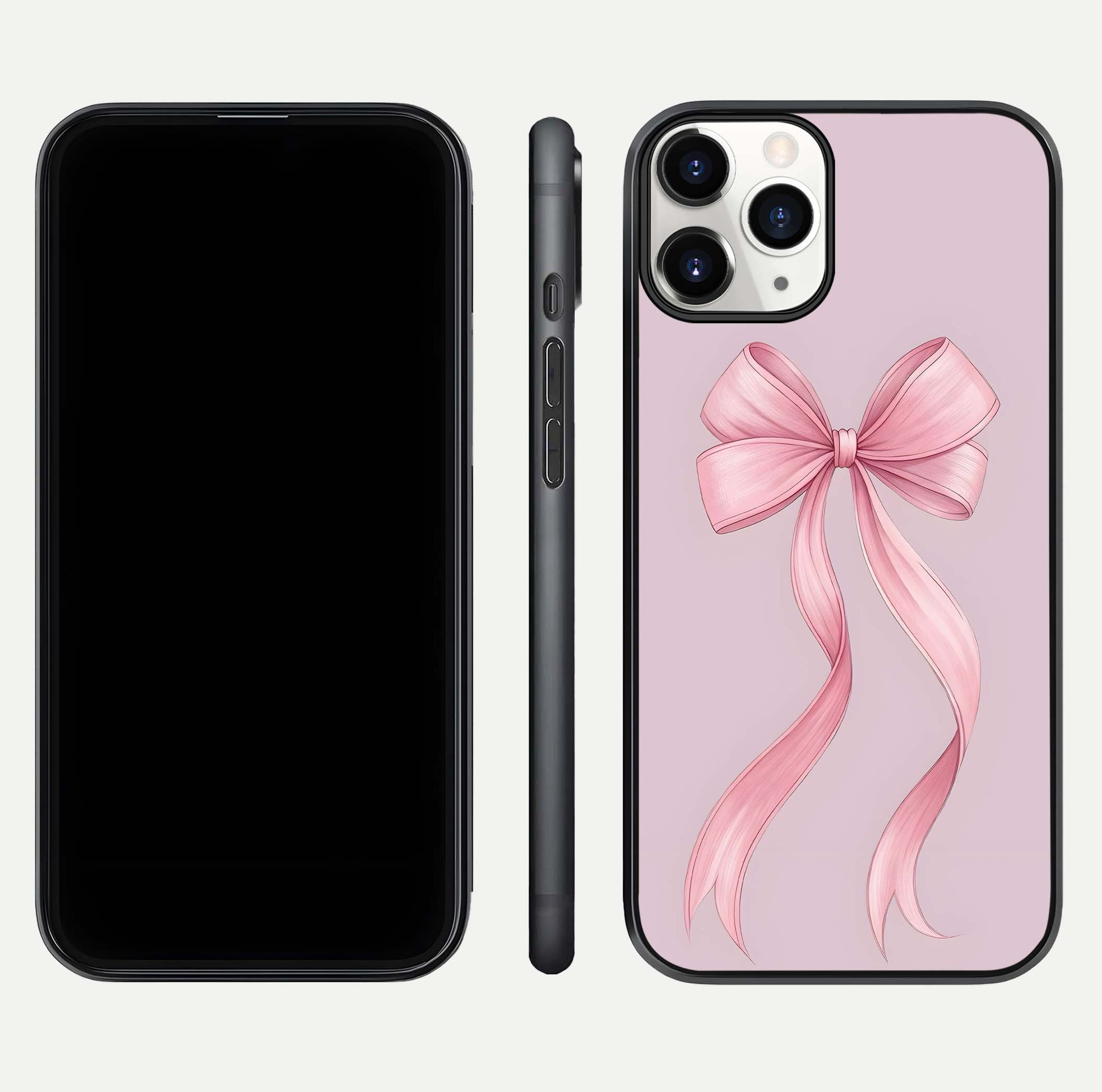 Soft Blush Bow iPhone 11 Pro glass phone case front and side layout view displaying slim profile and gentle aesthetic