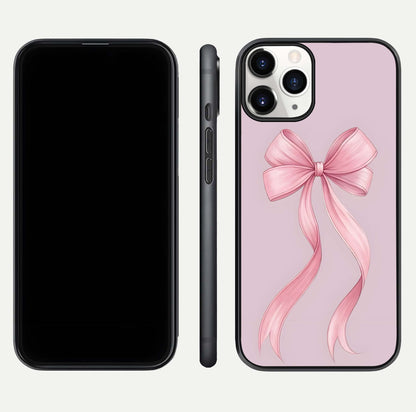 Soft Blush Bow iPhone 11 Pro glass phone case front and side layout view displaying slim profile and gentle aesthetic