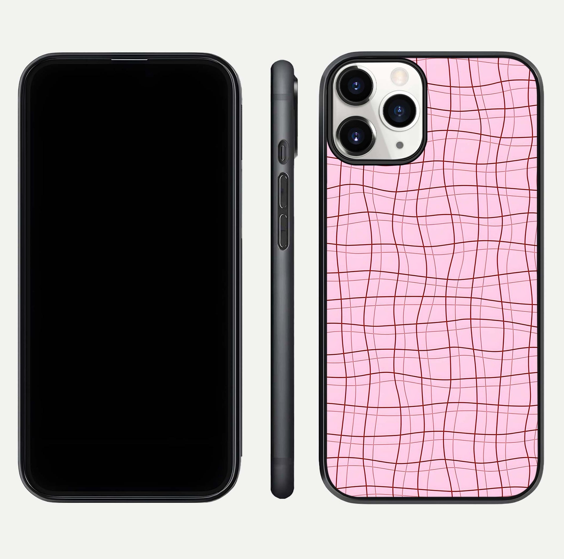Soft Grid Bliss iPhone 11 Pro glass phone case front and side layout view displaying slim profile and clean design