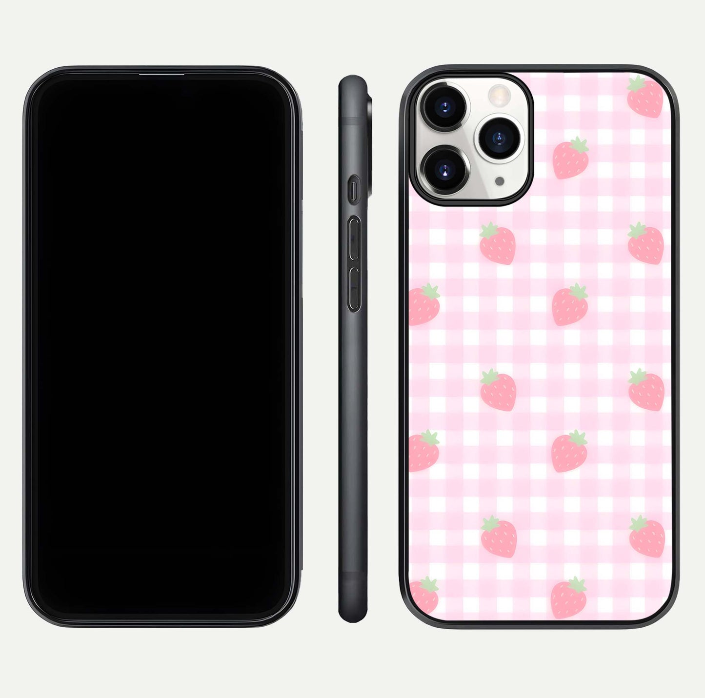 Strawberry Picnic Love iPhone 11 Pro glass phone case front and side layout view showing slim profile and full picnic design