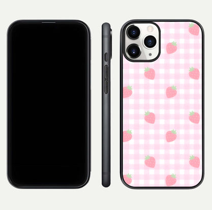 Strawberry Picnic Love iPhone 11 Pro glass phone case front and side layout view showing slim profile and full picnic design