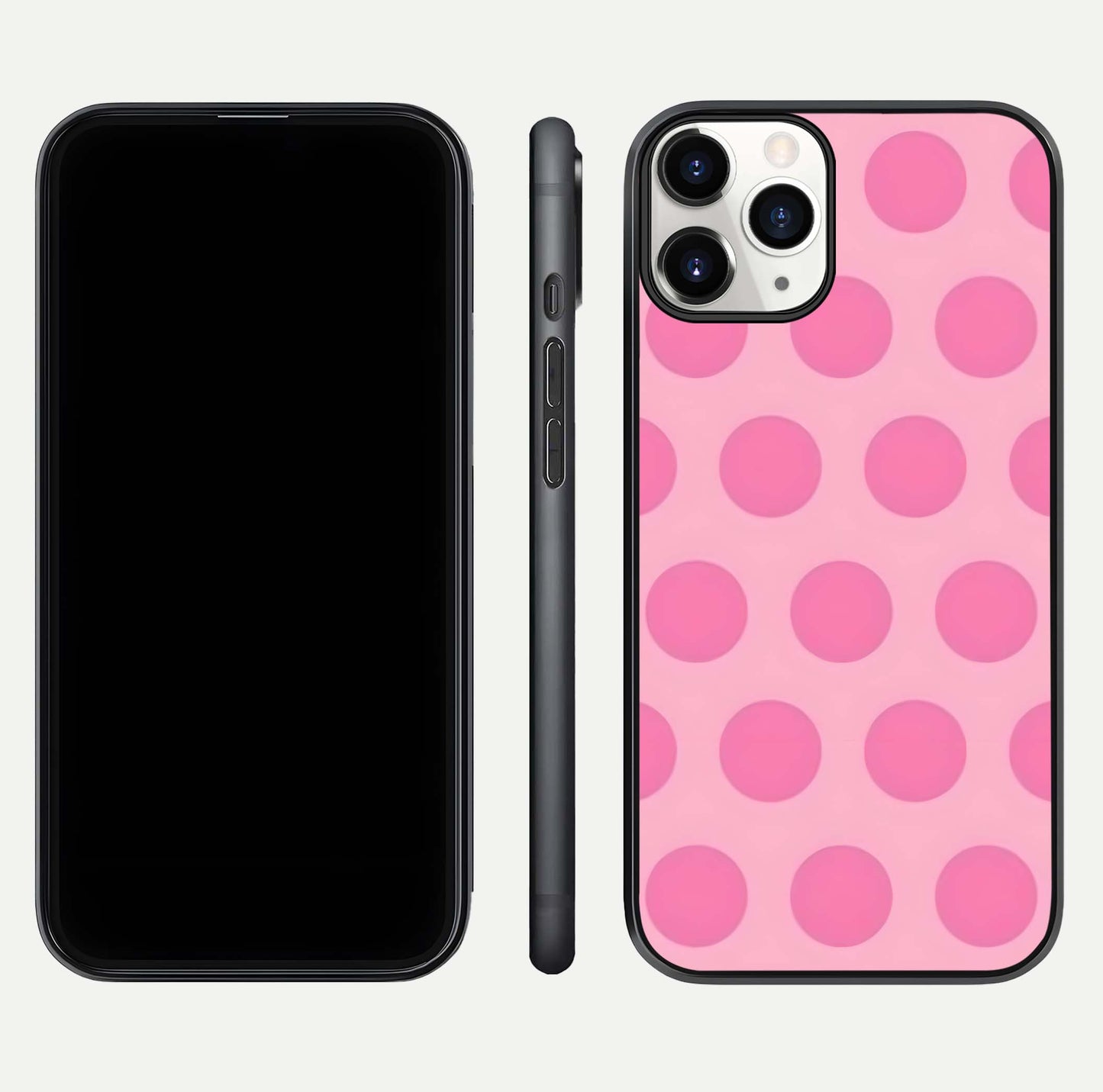 Sweet Dot Dreams iPhone 11 Pro glass phone case front and side layout view displaying slim build and full dot design