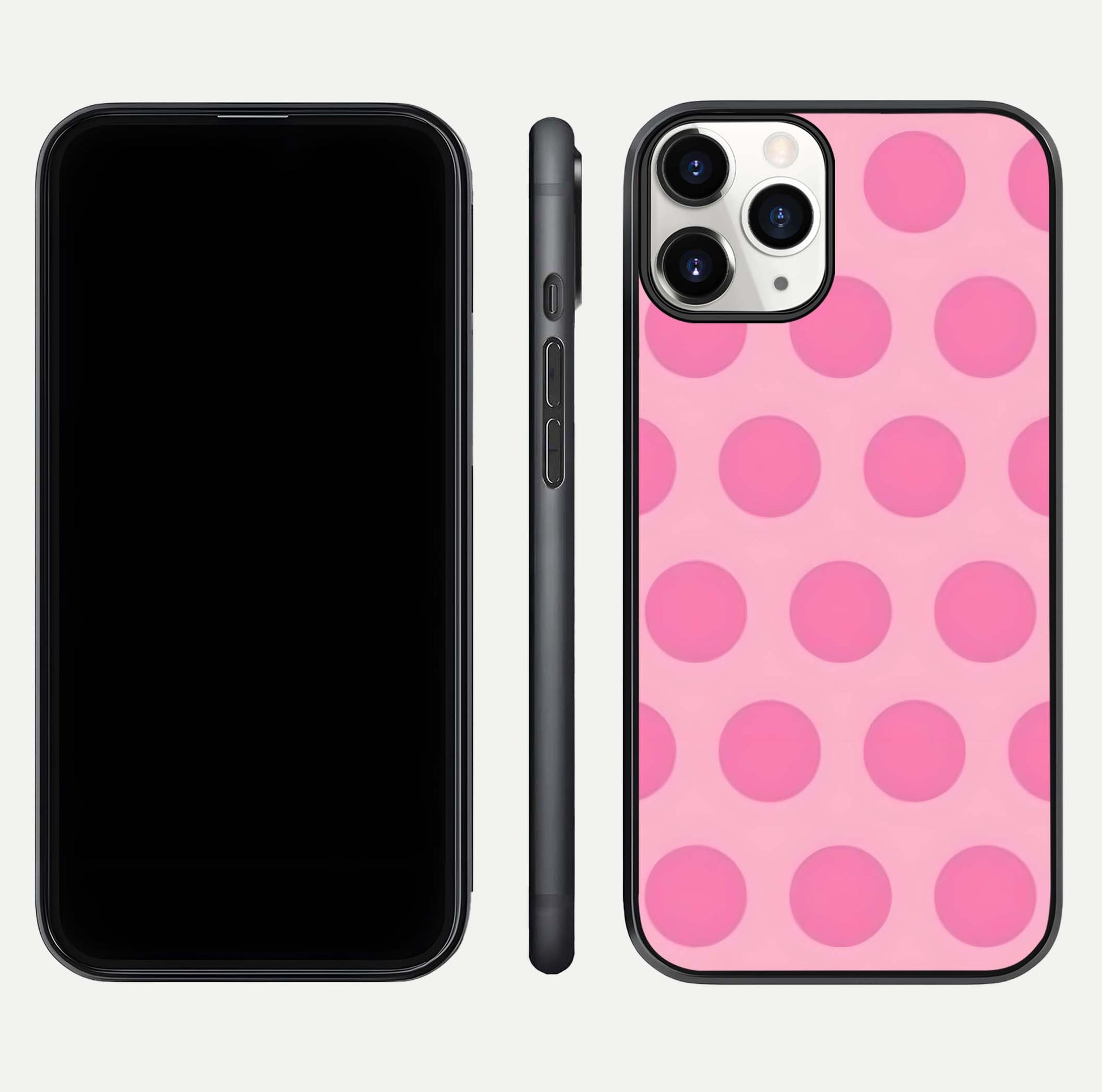 Sweet Dot Dreams iPhone 11 Pro glass phone case front and side layout view displaying slim build and full dot design