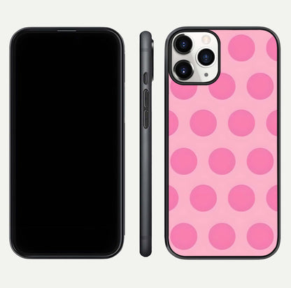 Sweet Dot Dreams iPhone 11 Pro glass phone case front and side layout view displaying slim build and full dot design