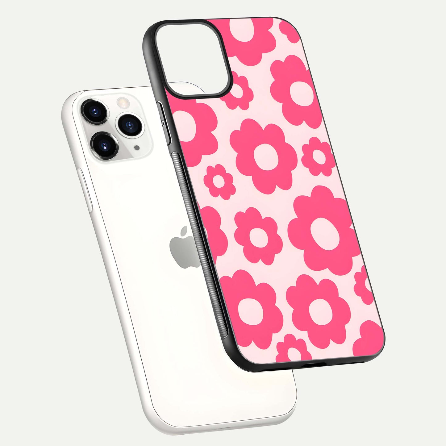 Blush Flower Pop iPhone 11 Pro glass phone case floating view emphasizing premium build and vibrant flower artwork