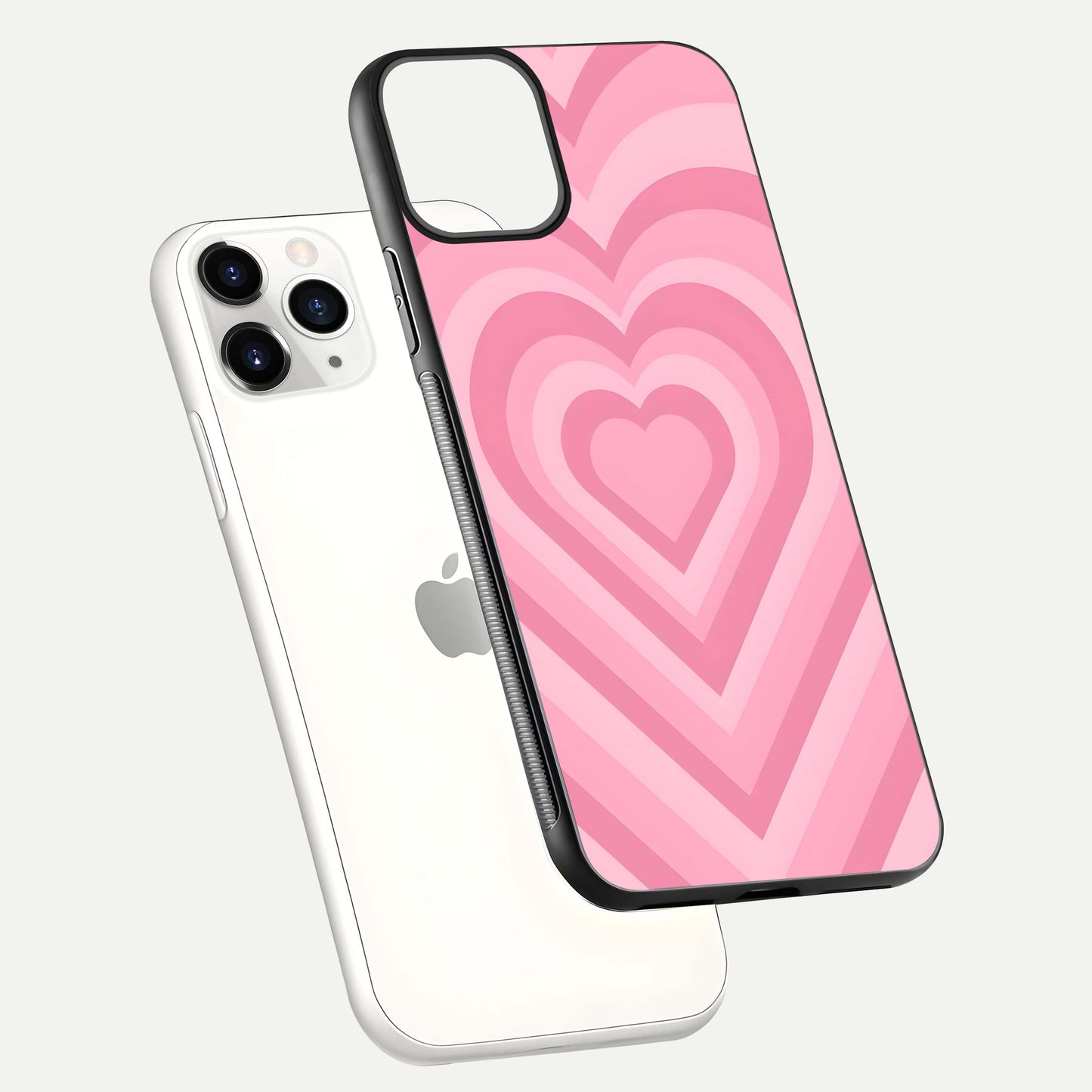 Blush Heart Waves iPhone 11 Pro glass phone case floating view emphasizing glossy finish and layered heart design