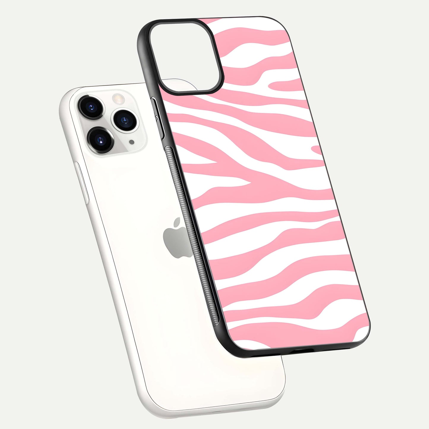 Blush Zebra Flow iPhone 11 Pro glass phone case floating view emphasizing premium glossy surface and dynamic design