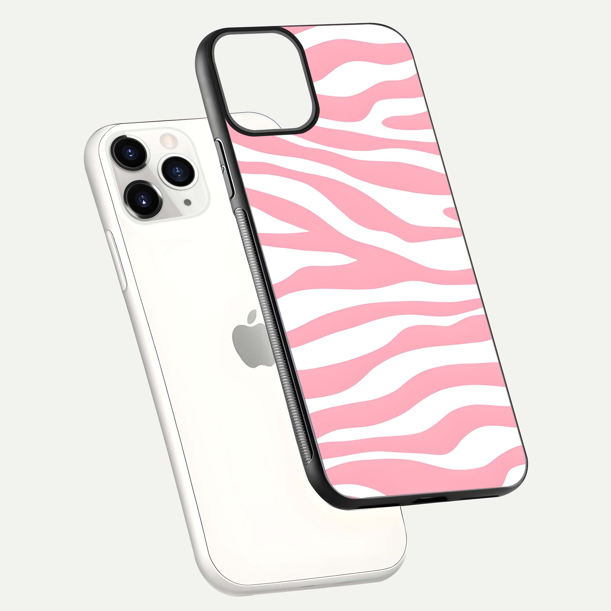 Blush Zebra Flow iPhone 11 Pro glass phone case floating view emphasizing premium glossy surface and dynamic design
