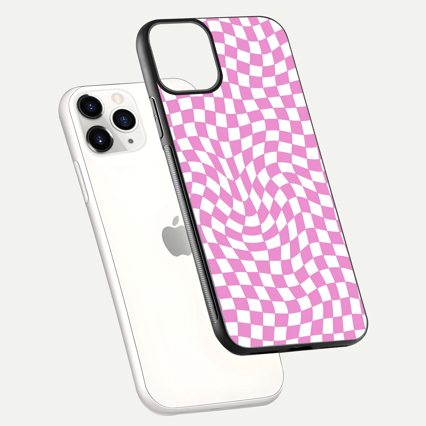 Bubblegum Check Wave iPhone 11 Pro glass phone case floating view emphasizing premium glass finish and vibrant design