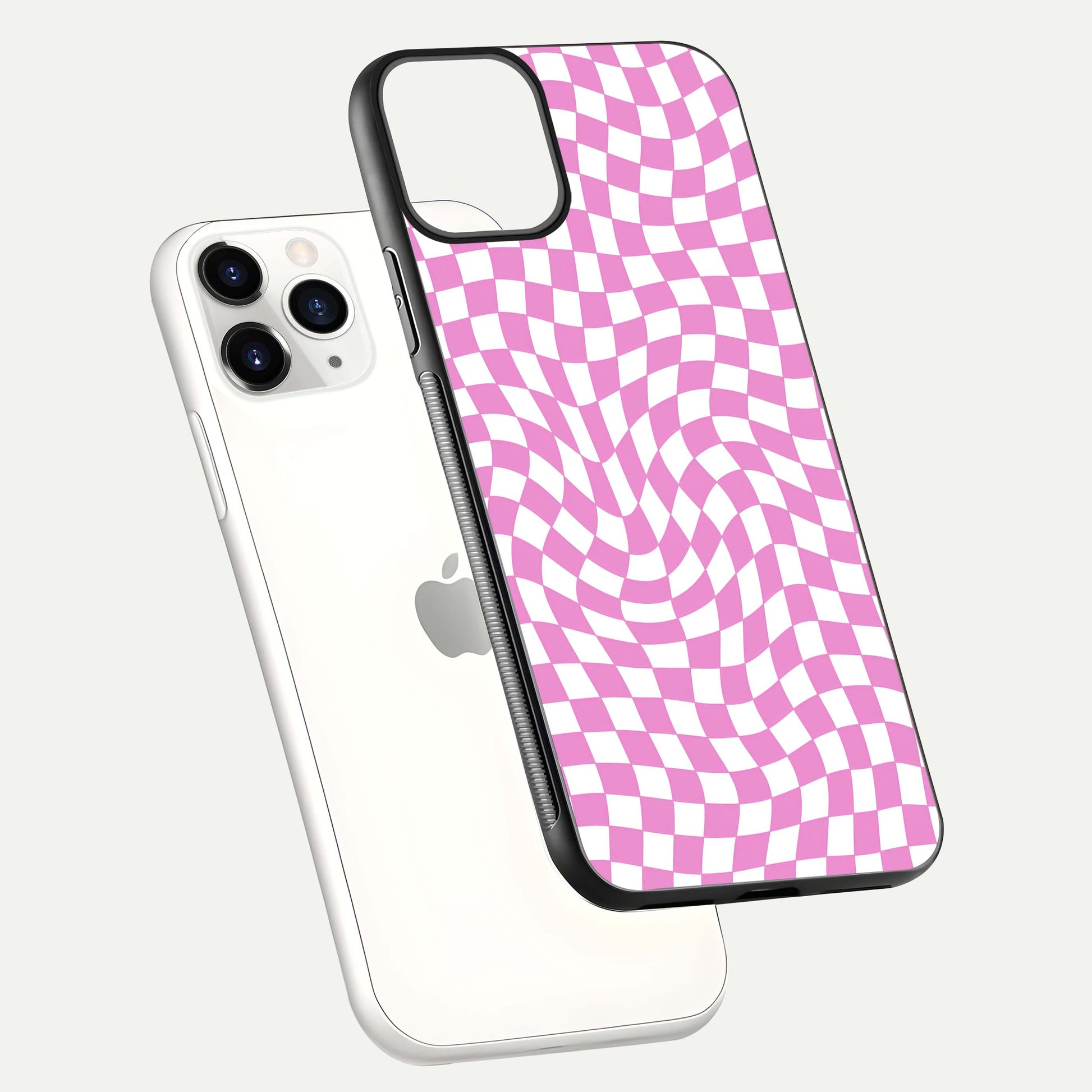 Bubblegum Check Wave iPhone 11 Pro glass phone case floating view emphasizing premium glass finish and vibrant design