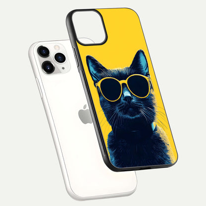 Cool Cat Vibes iPhone 11 Pro glass phone case floating view emphasizing glossy finish and fun cat vibe