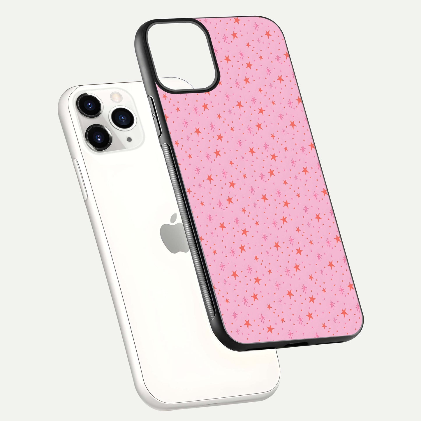 Cosmic Pink Sparkle iPhone 11 Pro glass phone case floating view emphasizing premium glass surface and glittering details