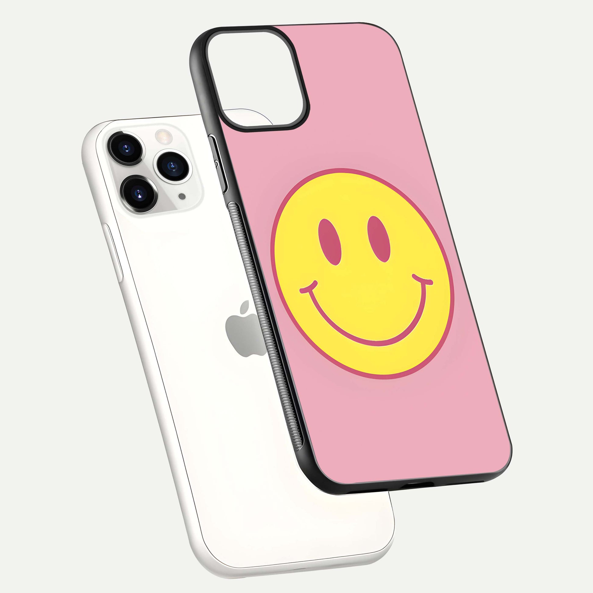 Happy Pink Mood iPhone 11 Pro glass phone case floating view emphasizing glossy finish and joyful color palette