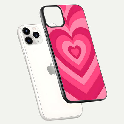 Layered Love Hearts iPhone 11 Pro glass phone case floating view emphasizing glossy surface and layered heart details