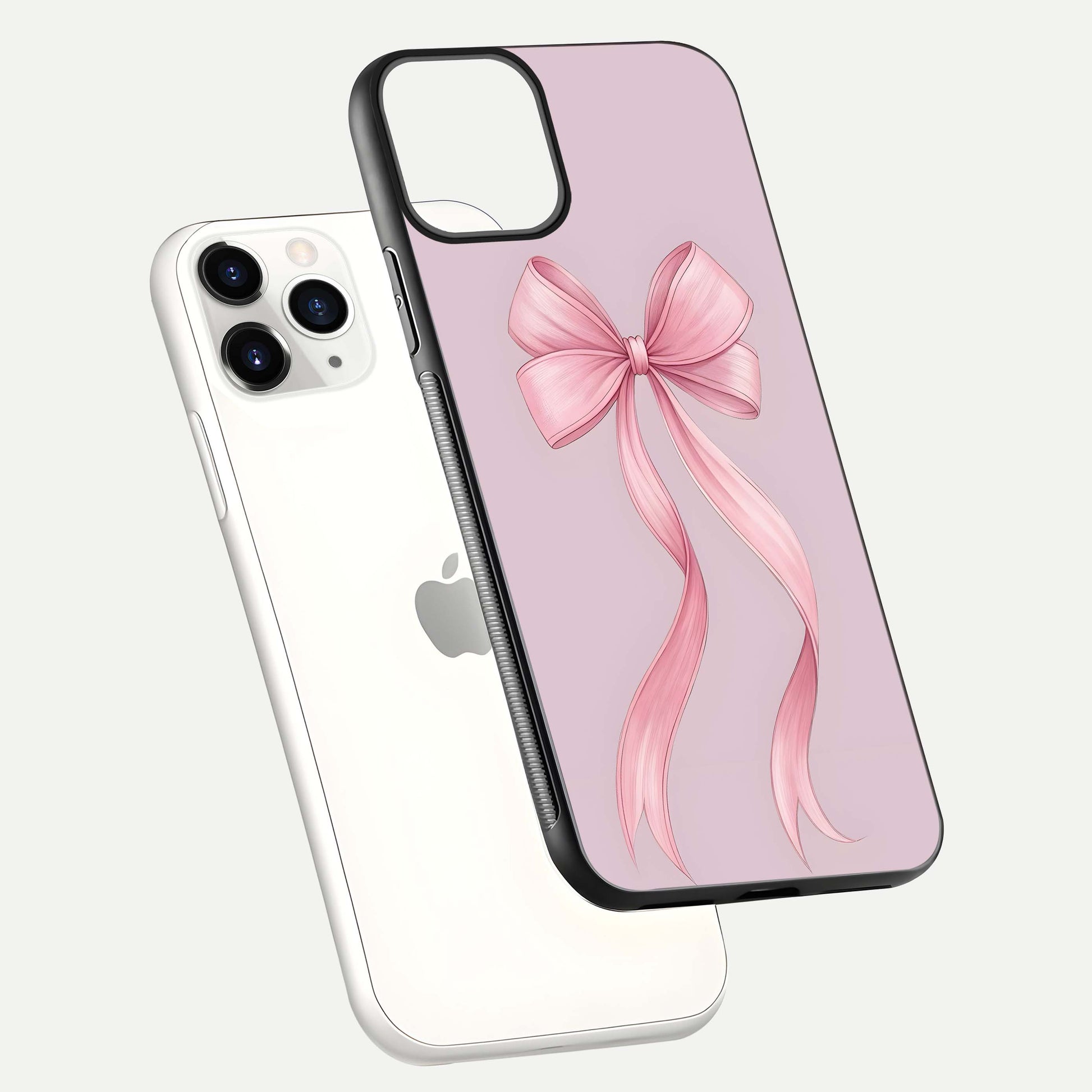 Soft Blush Bow iPhone 11 Pro glass phone case floating view emphasizing glossy surface and soft feminine styling