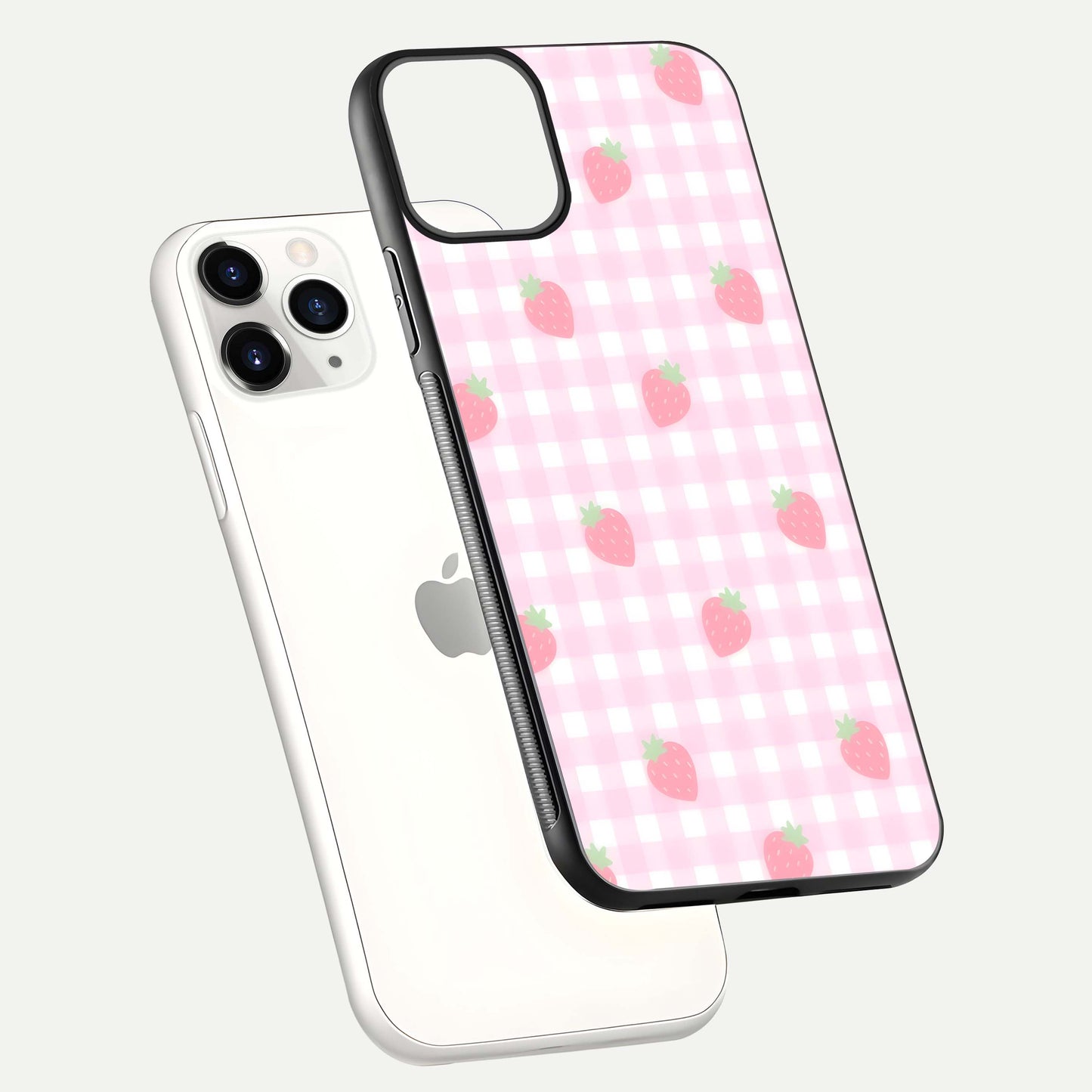Strawberry Picnic Love iPhone 11 Pro glass phone case floating view emphasizing glossy finish and playful charm