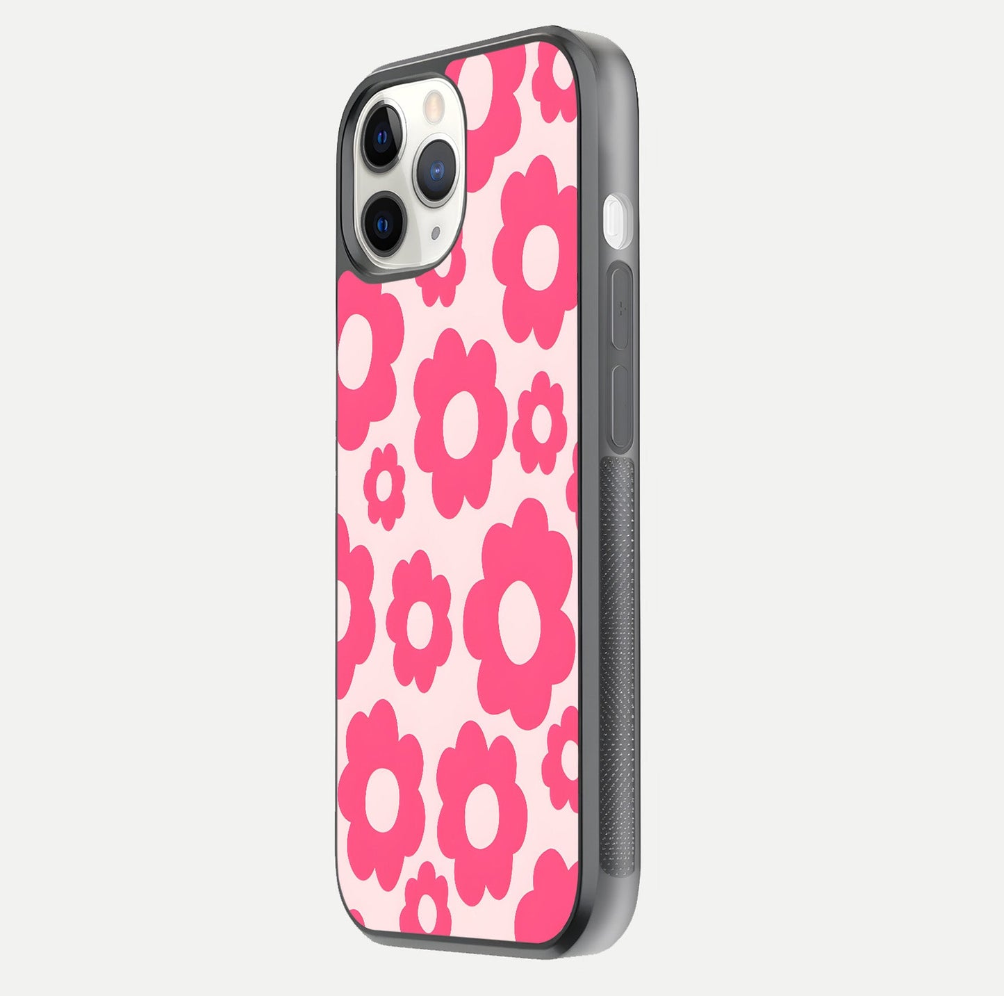 Blush Flower Pop iPhone 11 Pro glass phone case side profile view focusing on clean edges and seamless floral wrap