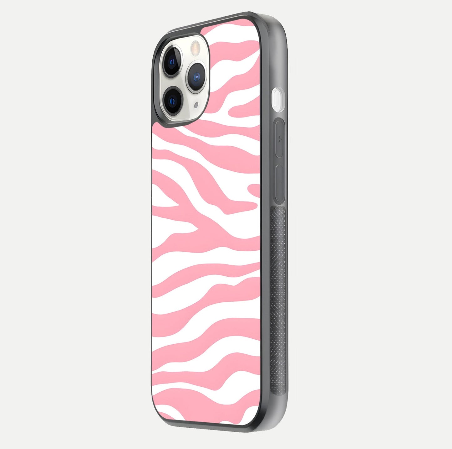Blush Zebra Flow iPhone 11 Pro glass phone case side profile view focusing on sleek frame and seamless wrap
