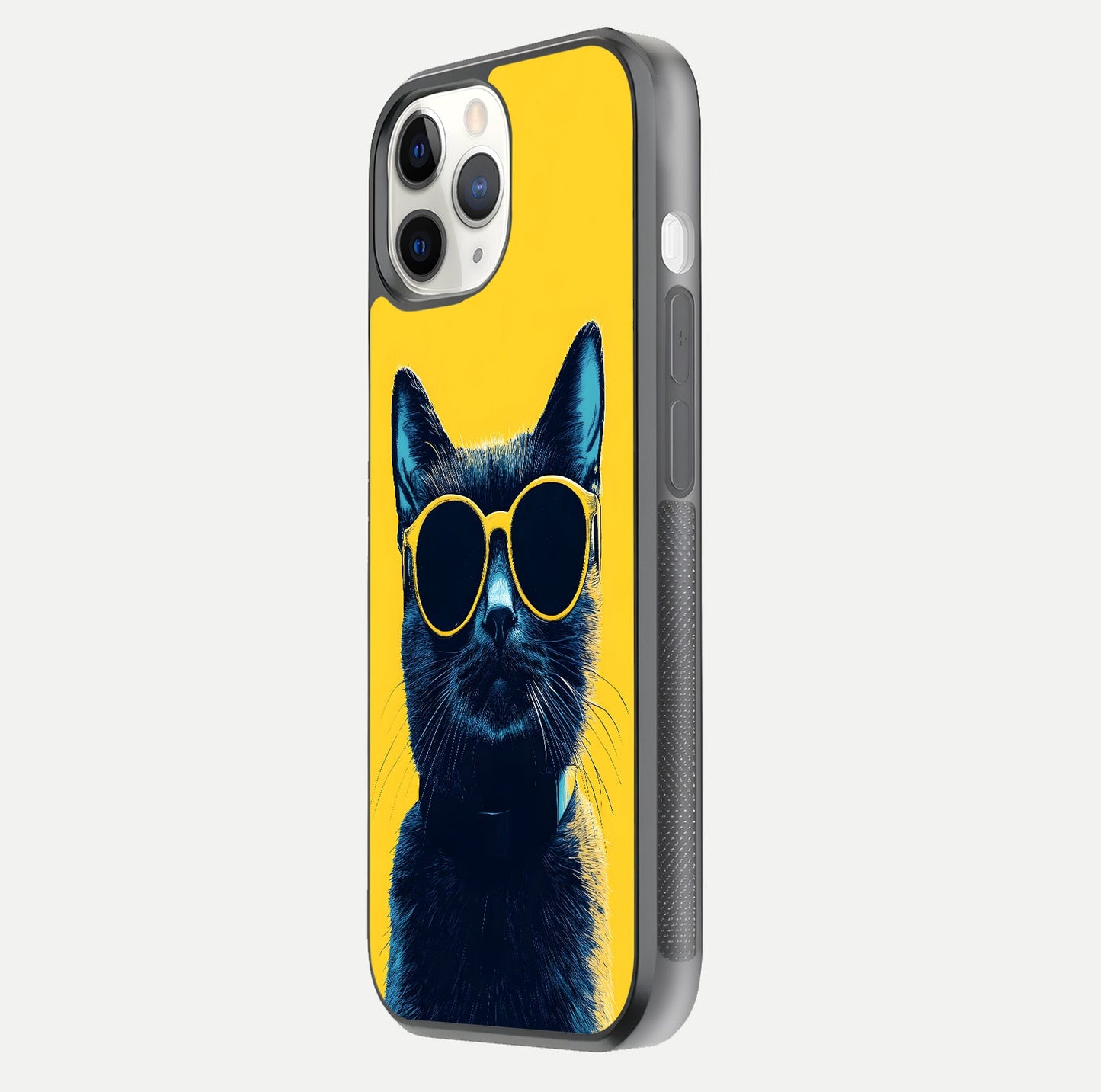 Cool Cat Vibes iPhone 11 Pro glass phone case side profile view focusing on sleek edges and seamless wrap