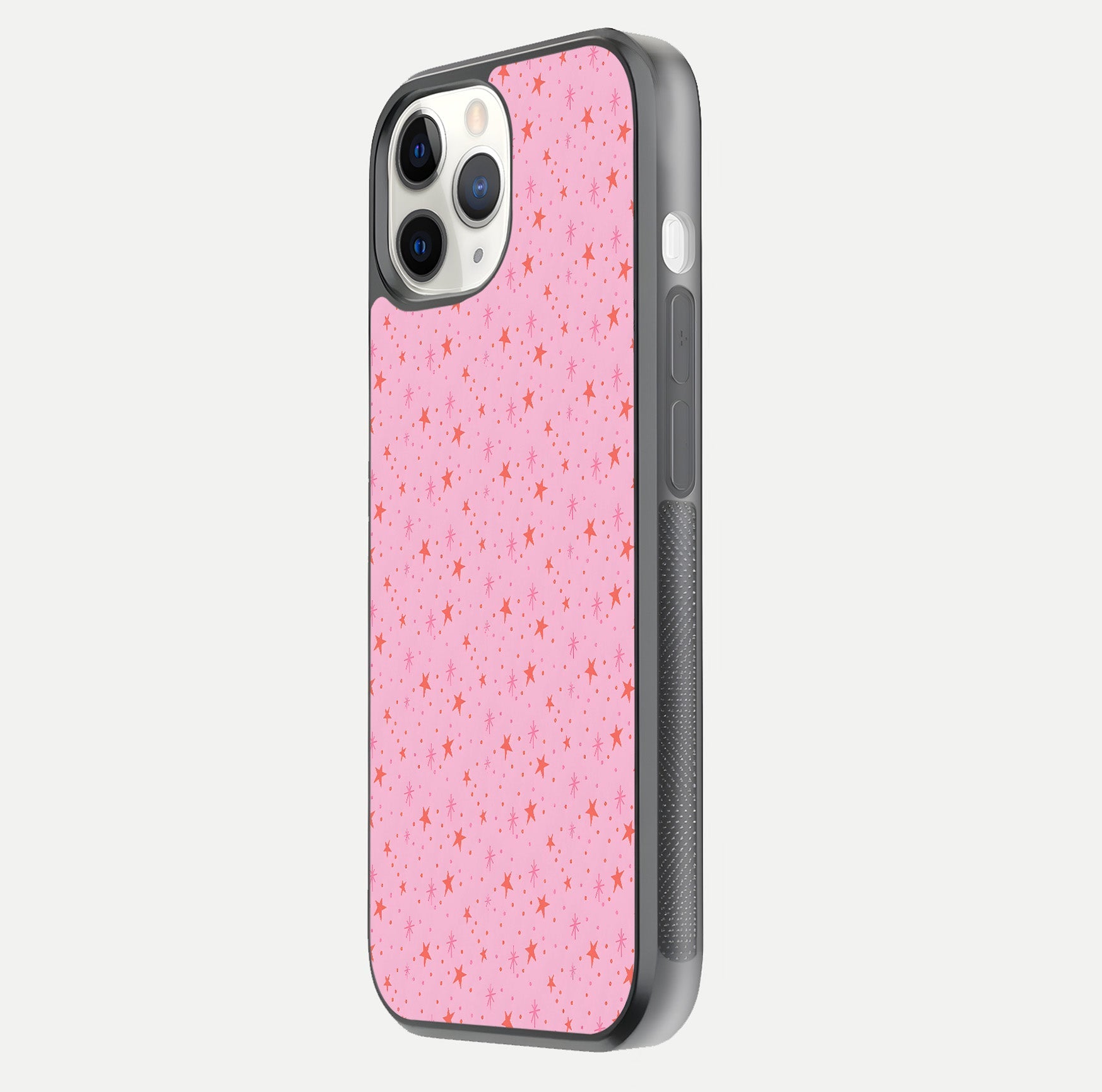 Cosmic Pink Sparkle iPhone 11 Pro glass phone case side profile view focusing on sleek edges and seamless wrap